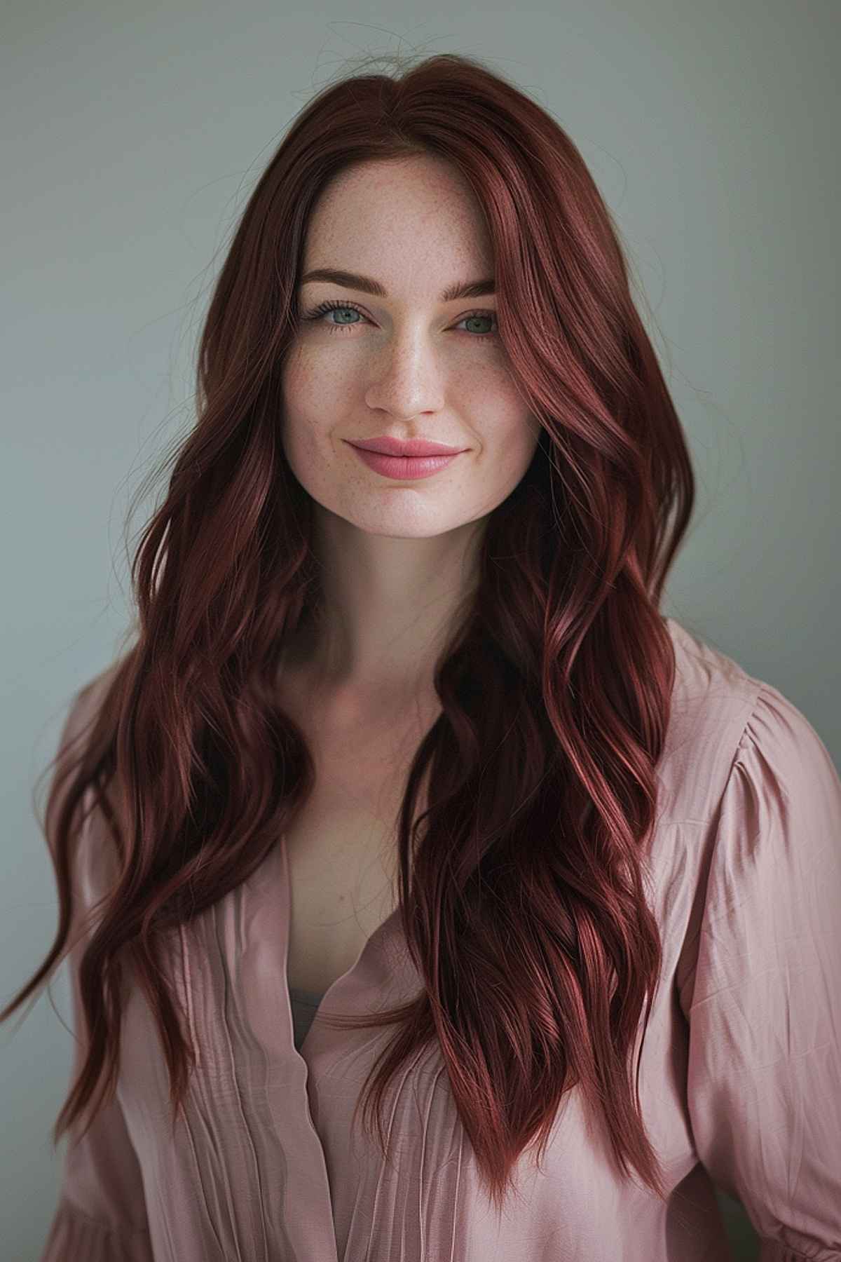 Cheveux longs et ondulés avec un mélange de cerises foncées et d'auburn.