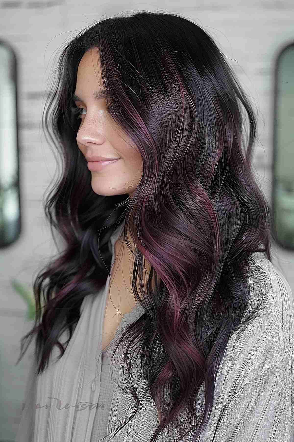 Cheveux noirs avec des reflets cerise foncés et des ondulations naturelles.