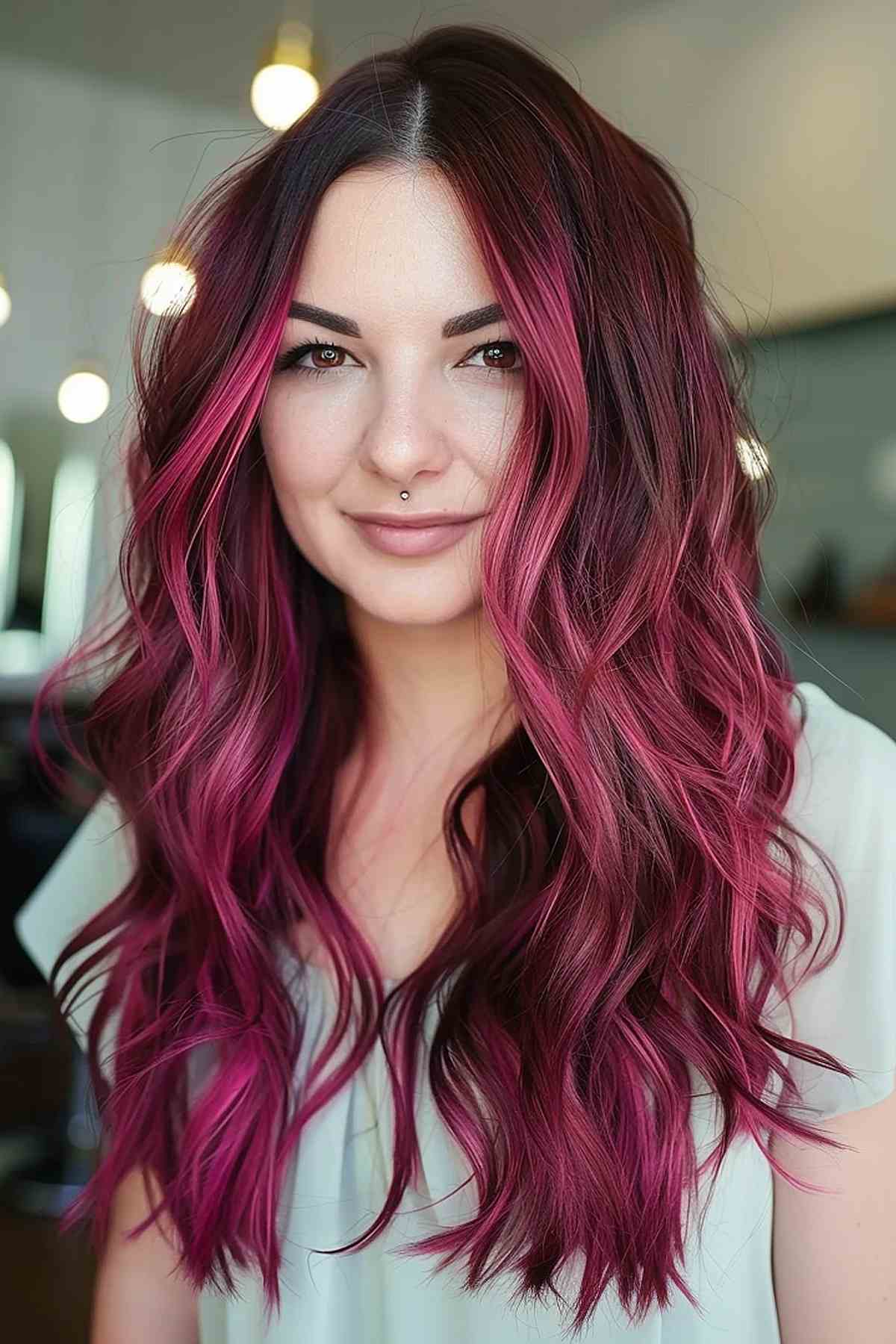 Cheveux cerise foncés avec des accents roses dans une coiffure ondulée.