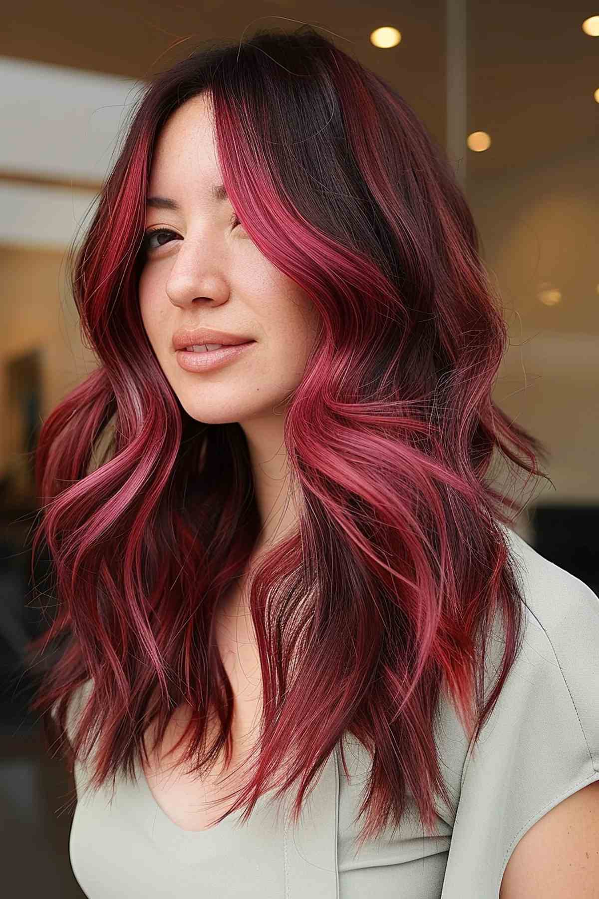 Cheveux longs et ondulés de couleur cerise foncée avec une pièce d'argent.