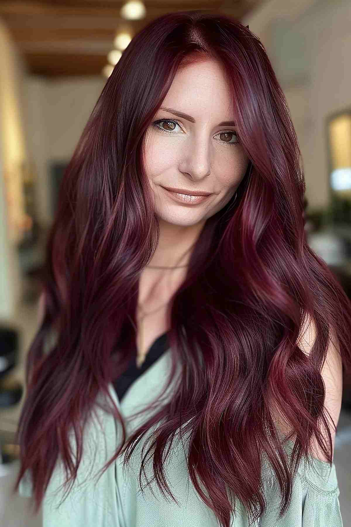 Cheveux longs et ondulés avec une couleur bordeaux cherry coke.
