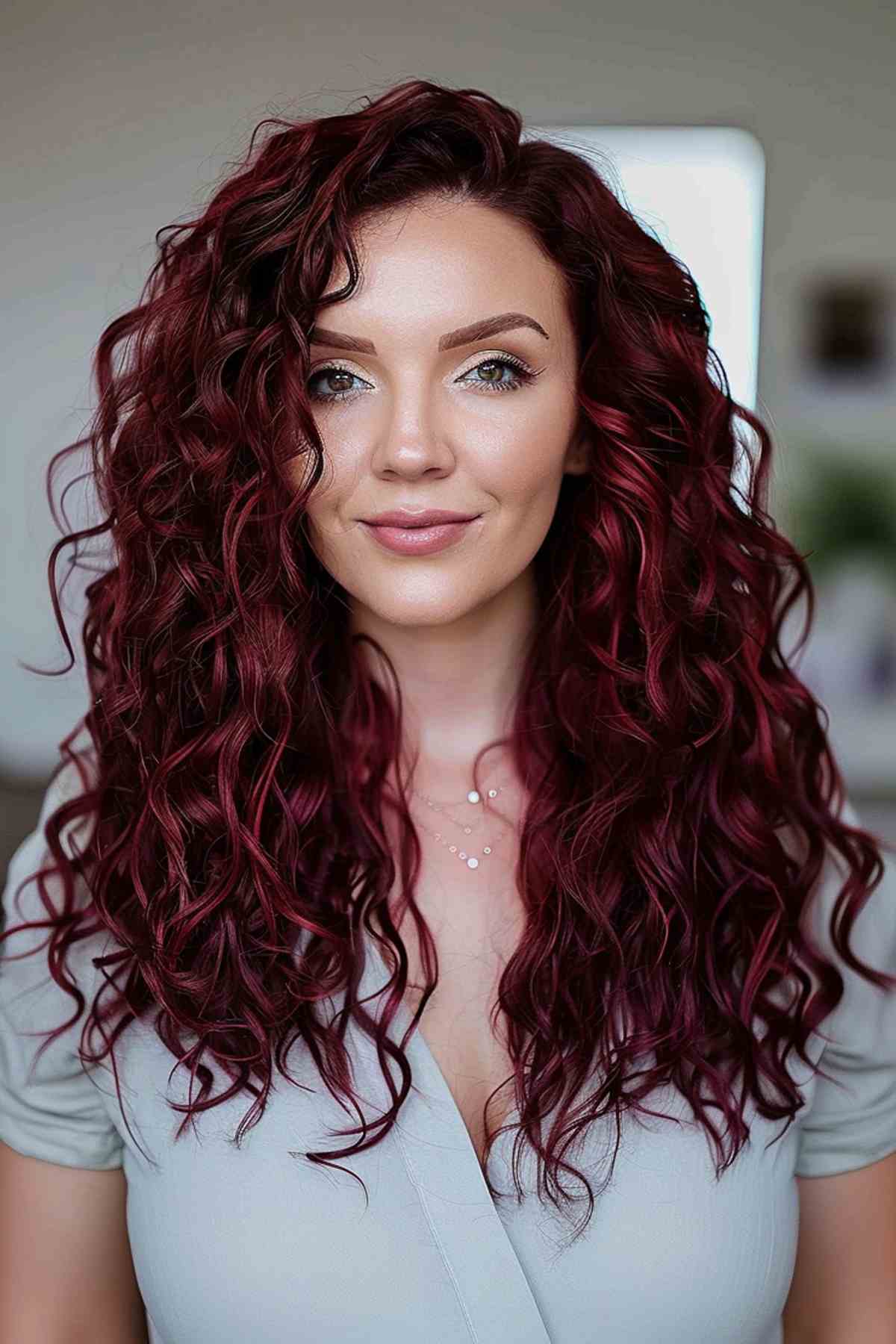 Cheveux bouclés de couleur noir cerise.