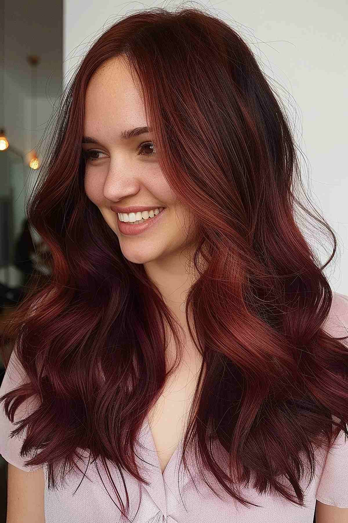 Longue chevelure brune ondulée de couleur cerise foncé.
