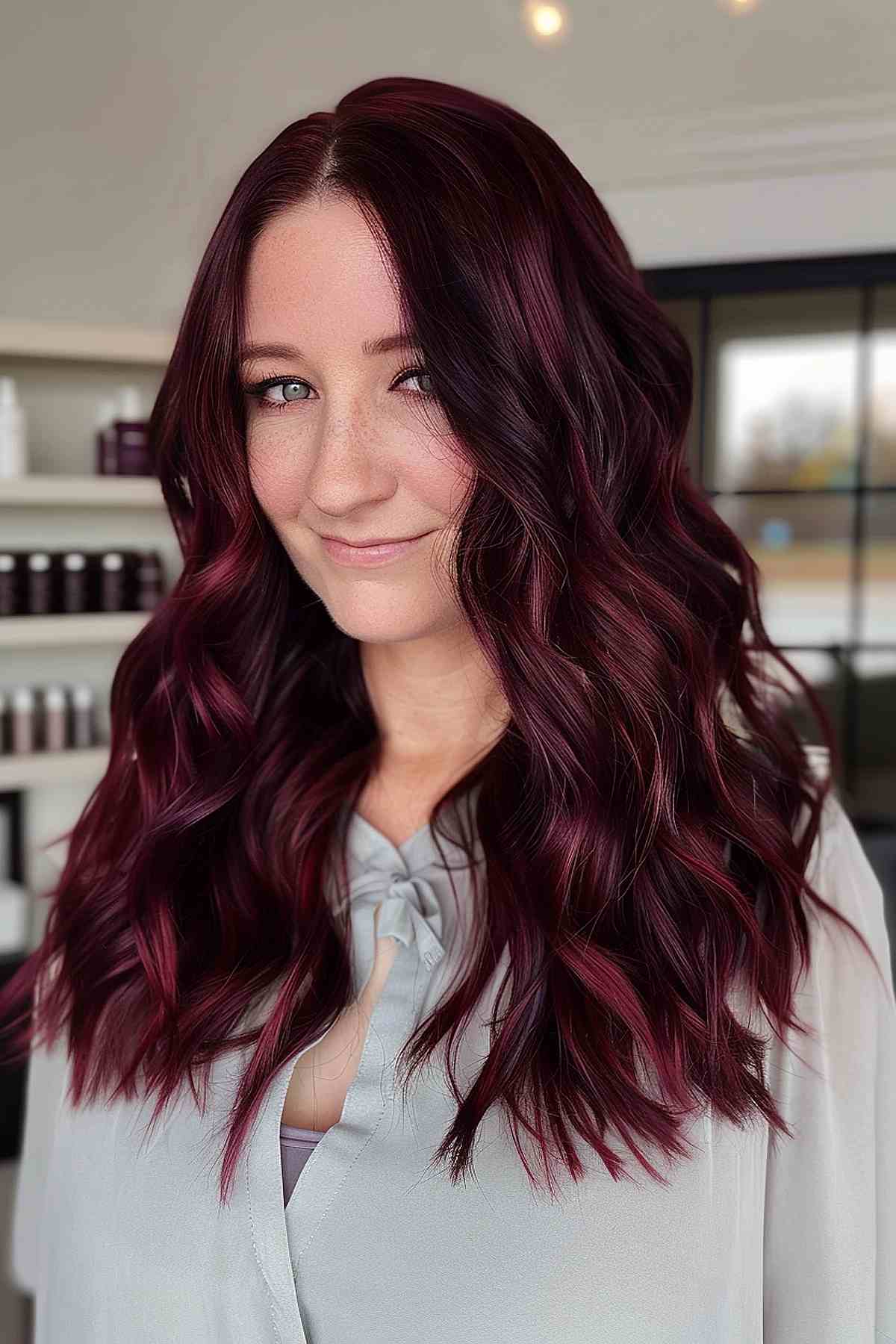 Cheveux longs et ondulés avec des tons cerise cola foncés et des reflets.