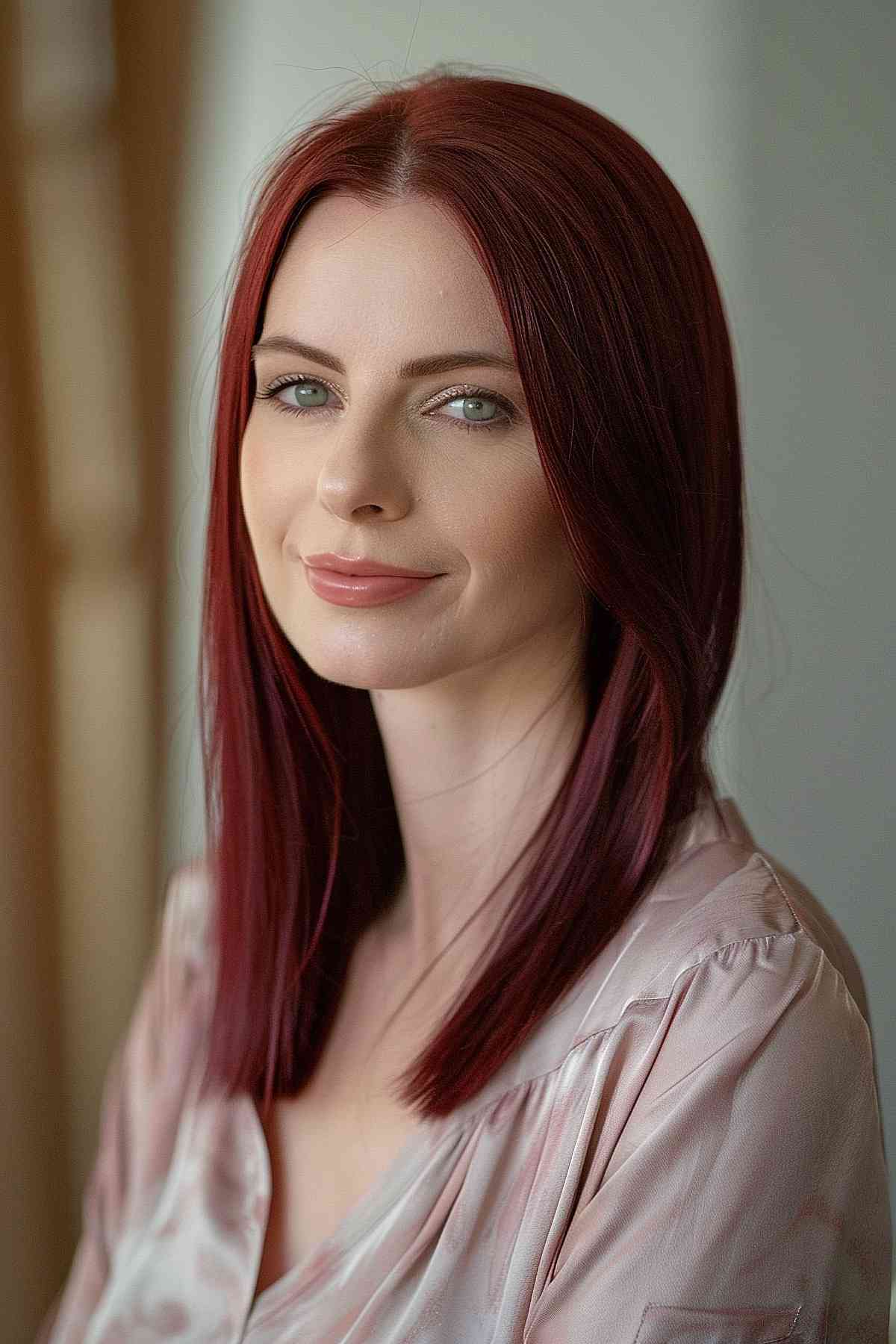 Cheveux lisses avec une coloration cerise chocolat.