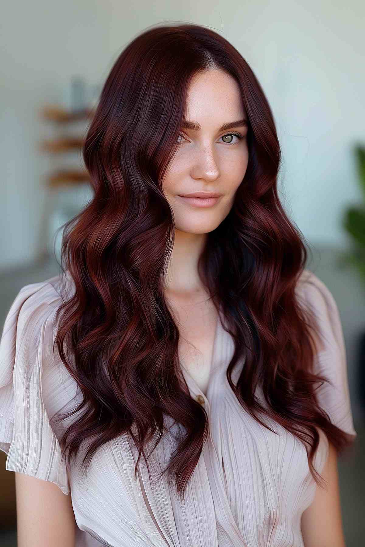Cheveux longs et ondulés avec une couleur noir cerise sur une base brun foncé.