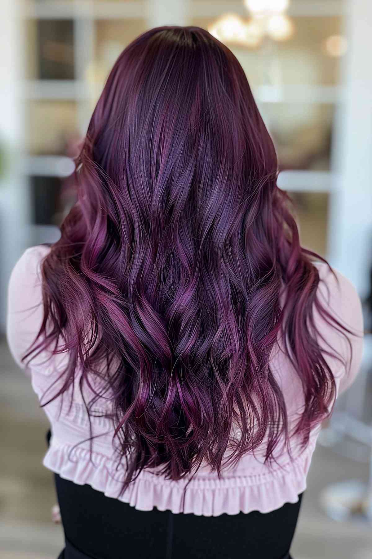 Cheveux longs et ondulés aux tons violets cerise foncés.