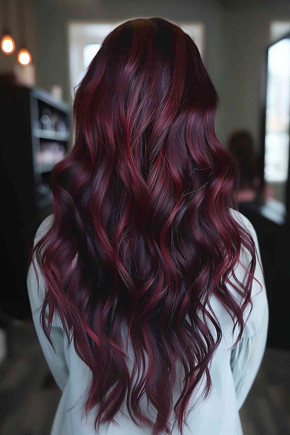 Cheveux longs et ondulés avec une coloration balayage cerise foncée.