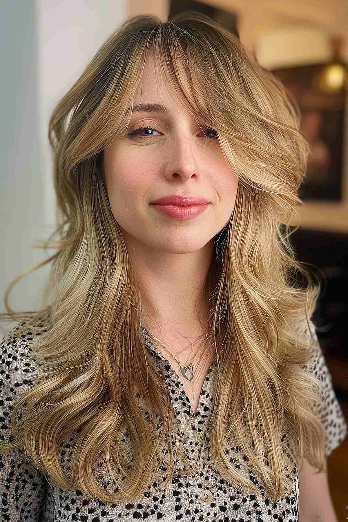 Coupe renard blonde avec longues couches pour visages ovales, mettant en valeur les ondulations naturelles