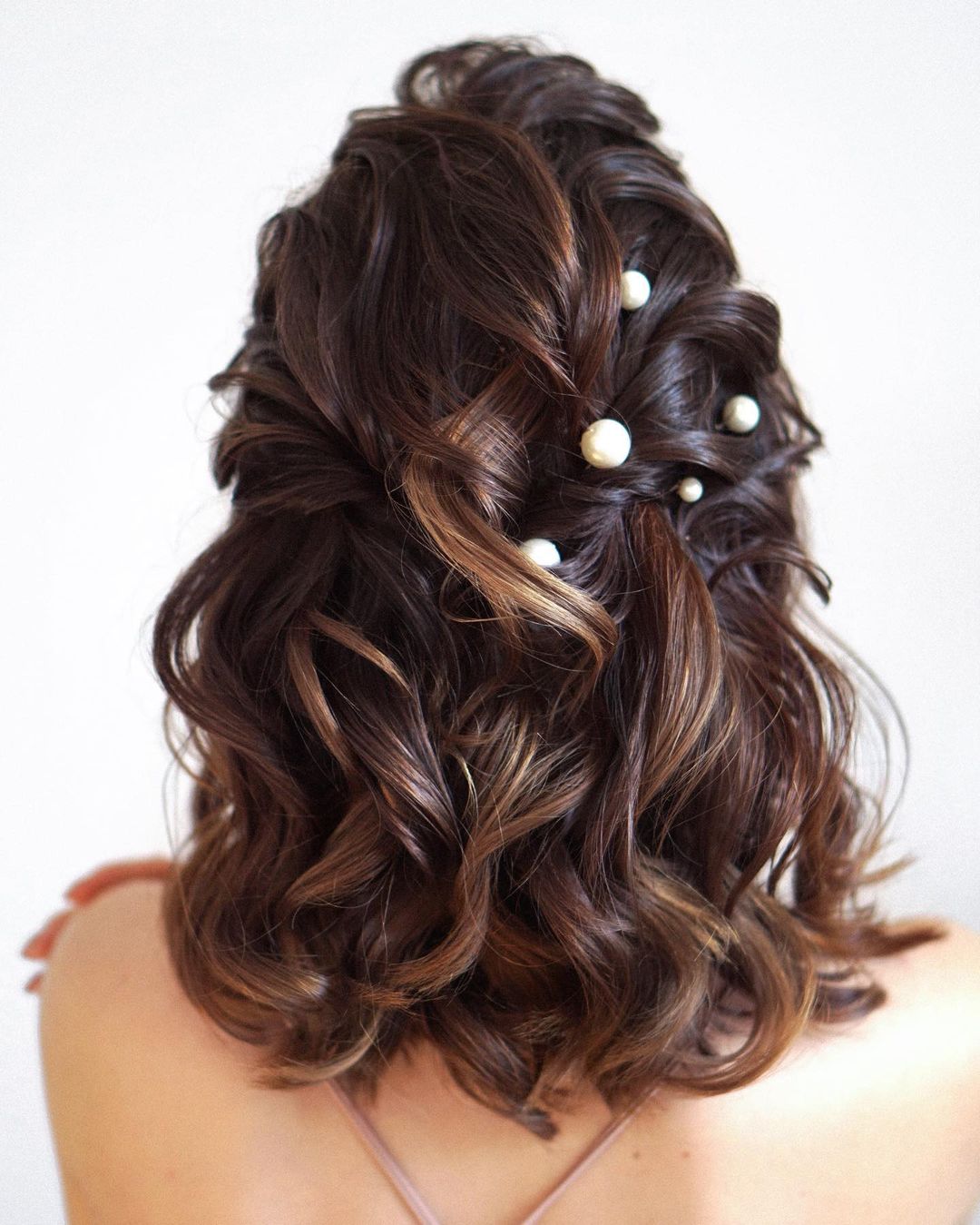 Curly Half Updo Style with Pearls