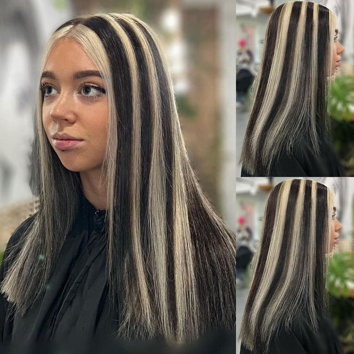 Cheveux Mi-longs à Rayures Skunk Noires et Blondes