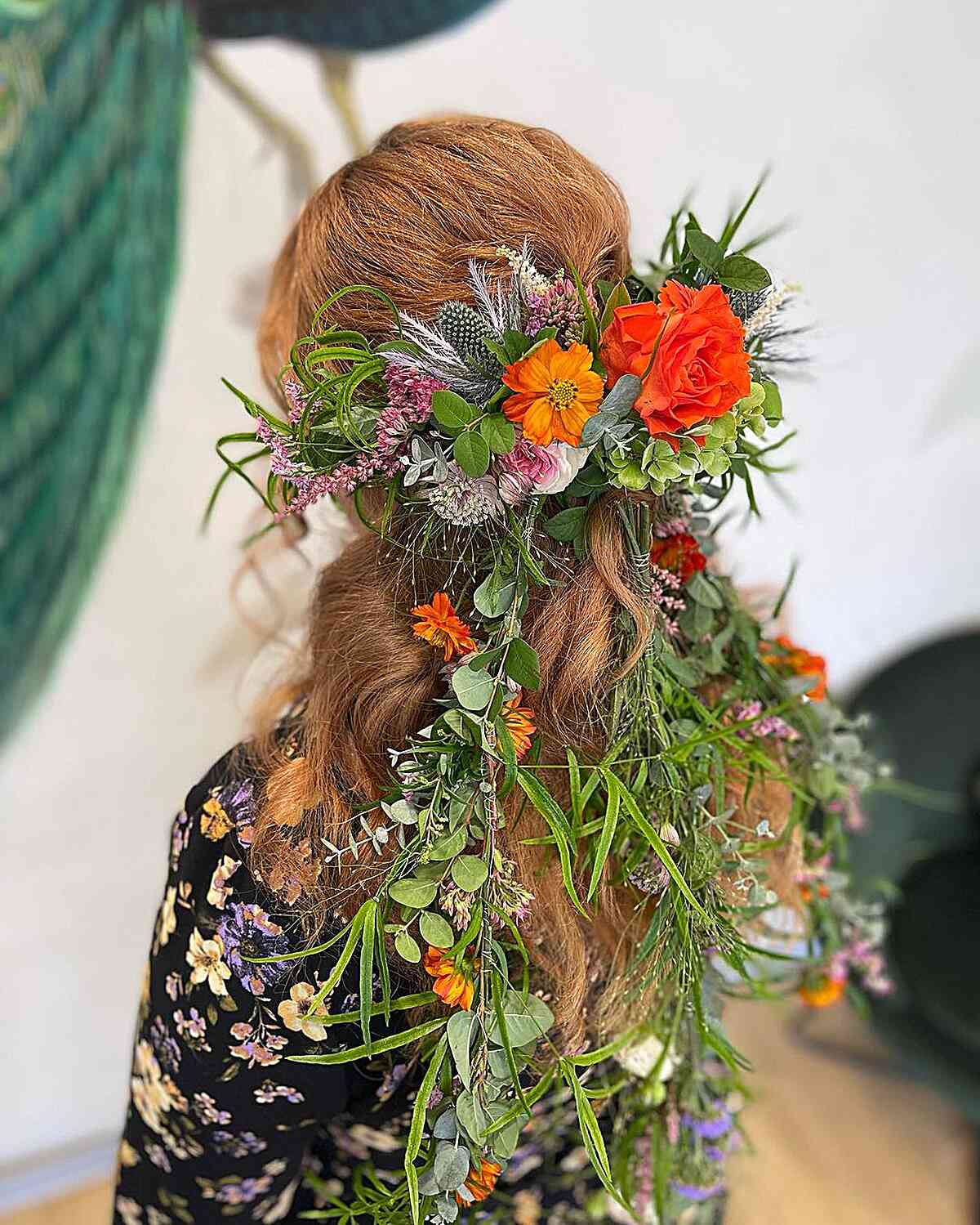 Long Textured Wavy Half-Up with Hawaiian Flowers and Leaves