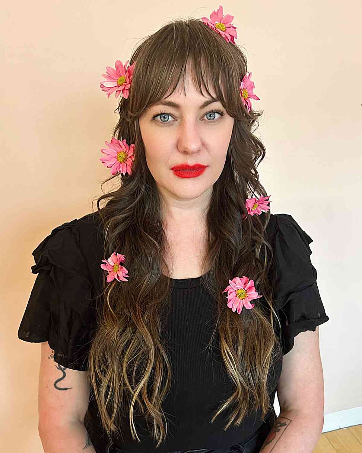 Hawaiian Long Shag with Curtain Bangs and Flowers