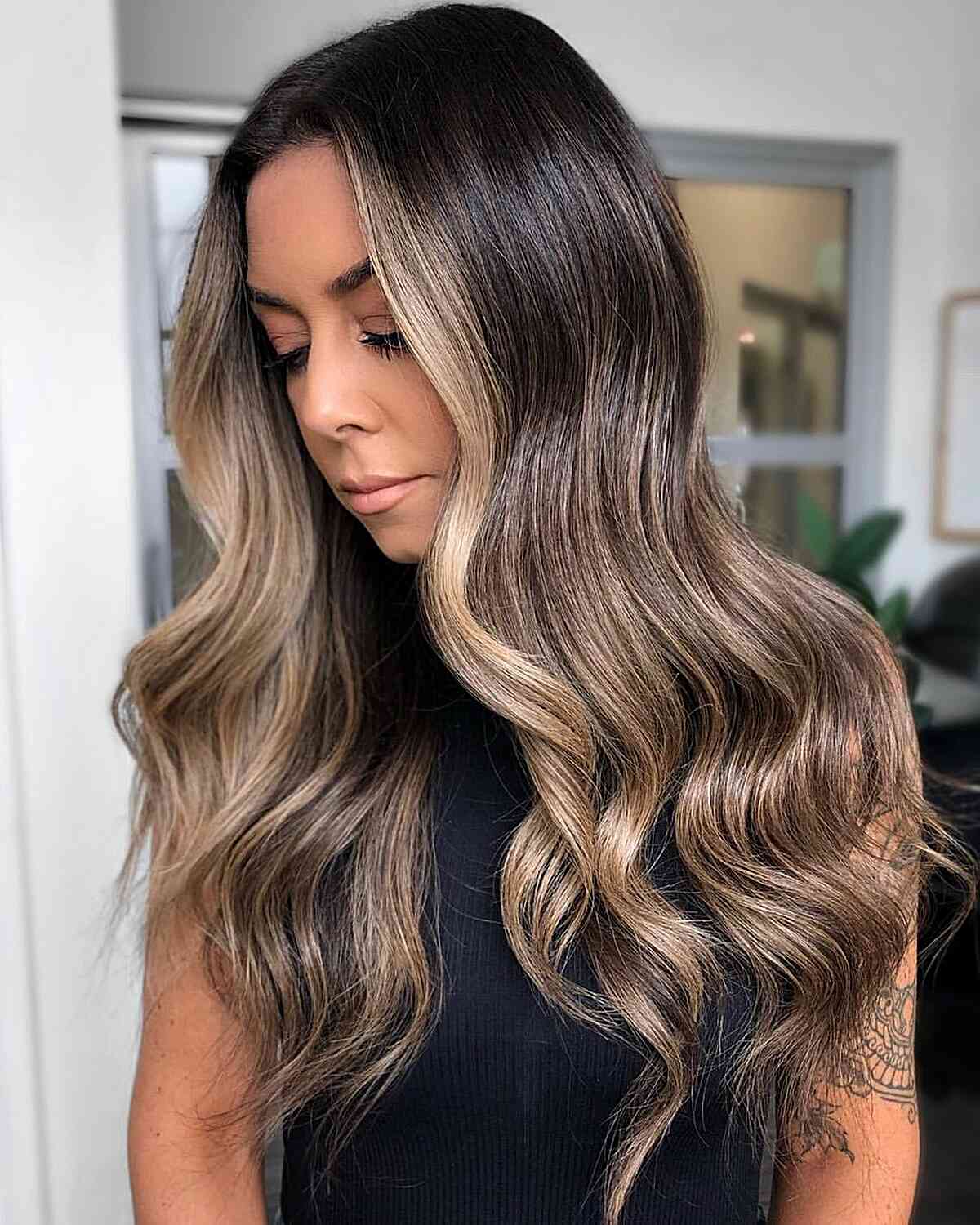 Beige Blonde Money Piece and Balayage Highlights for Chest-Length Black Hair