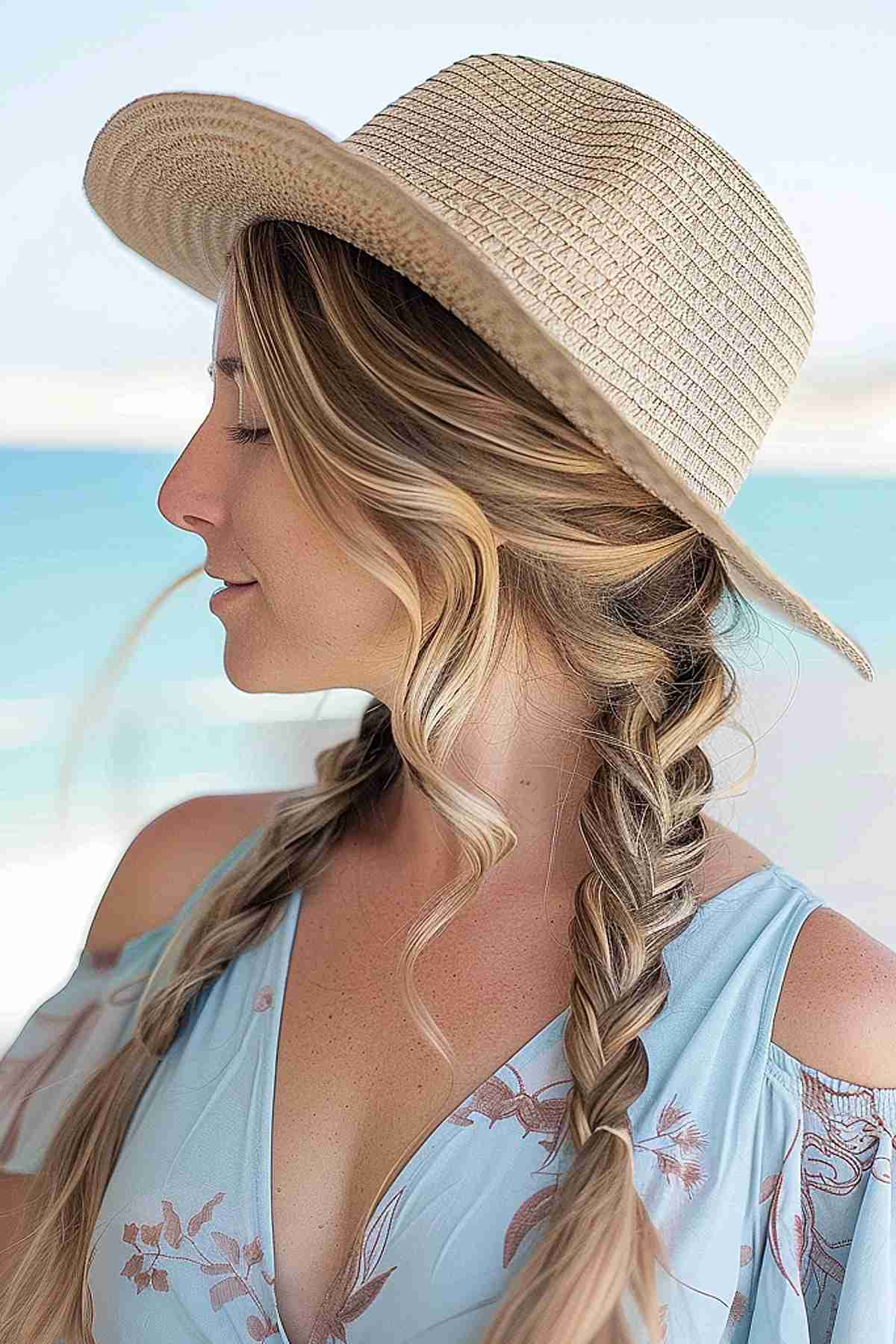 Femme aux cheveux moyens à longs coiffés en tresses pour la plage et portant un chapeau de soleil.
