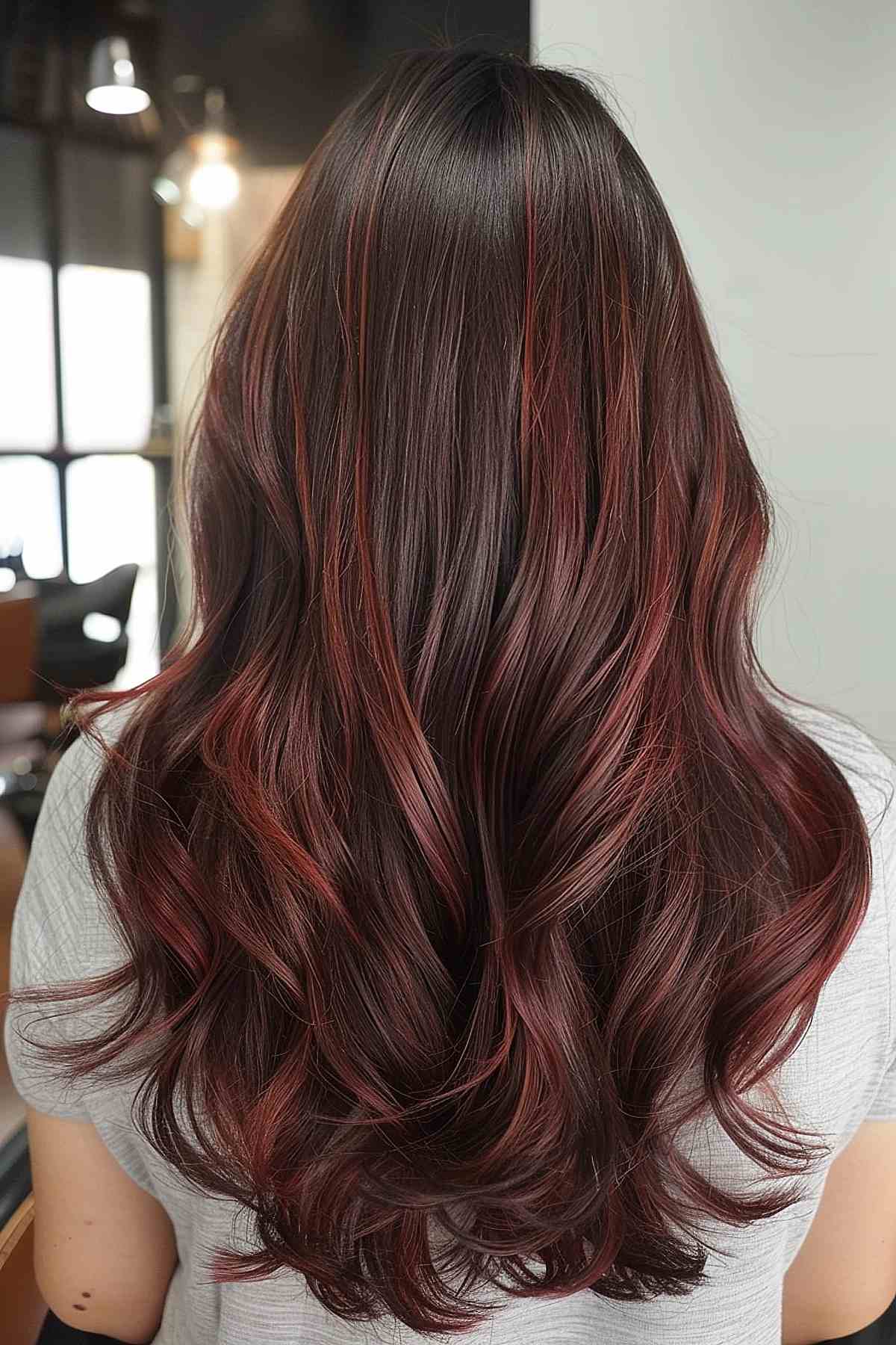 Balayage expresso cerise foncé sur cheveux longs et ondulés.