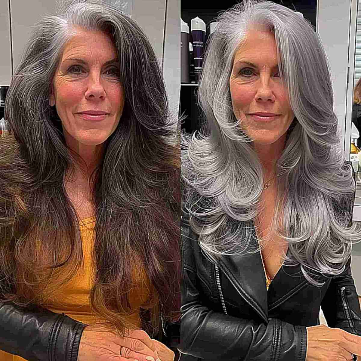 Transformation magnifique de cheveux argentés pour les femmes âgées colorant les cheveux gris