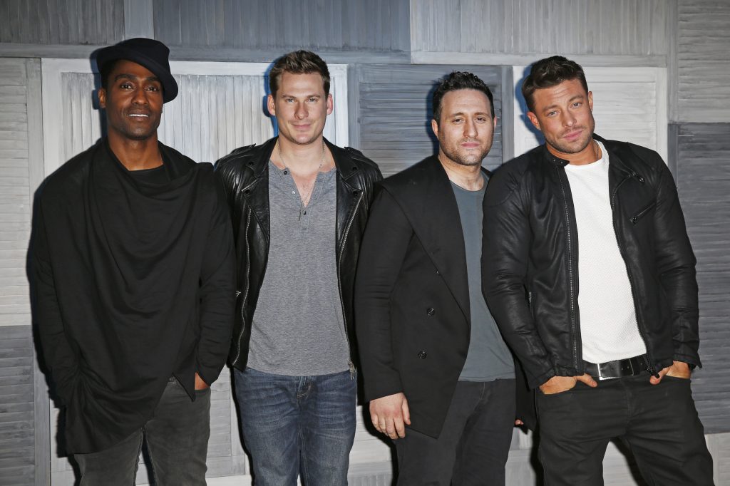 Simon Webbe, Lee Ryan, Antony Costa et Duncan James de Blue arrivent à une fête organisée par Kevin Systrom et Jamie Oliver d'Instagram.